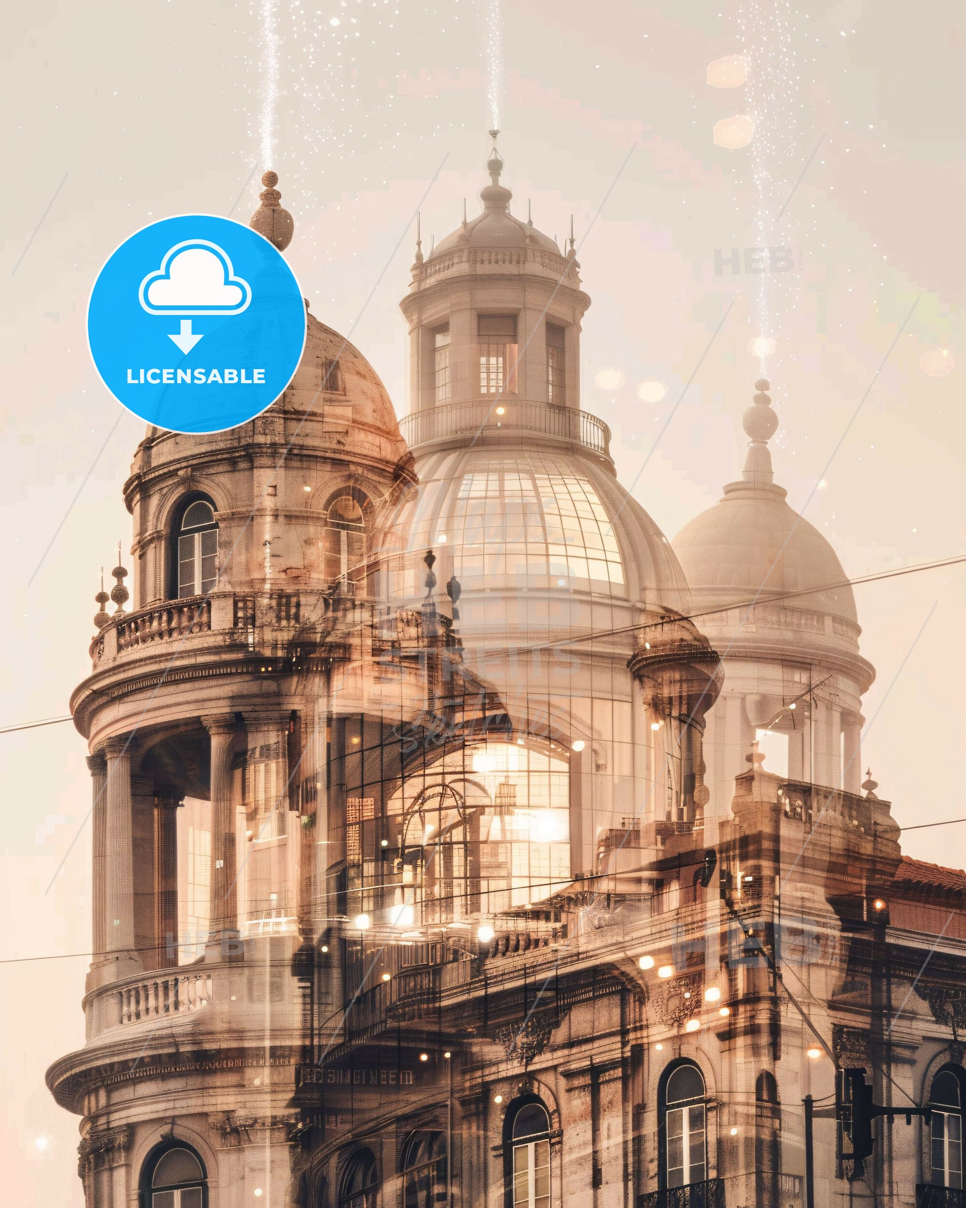 Lisbon Skyline: Double Exposure Cityscape Wonders - A building with a dome and a balcony