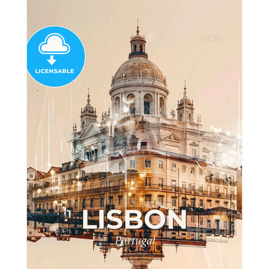 Lisbon City Skyline Double Exposure Art Poster - A building with a dome on top - Square format print template