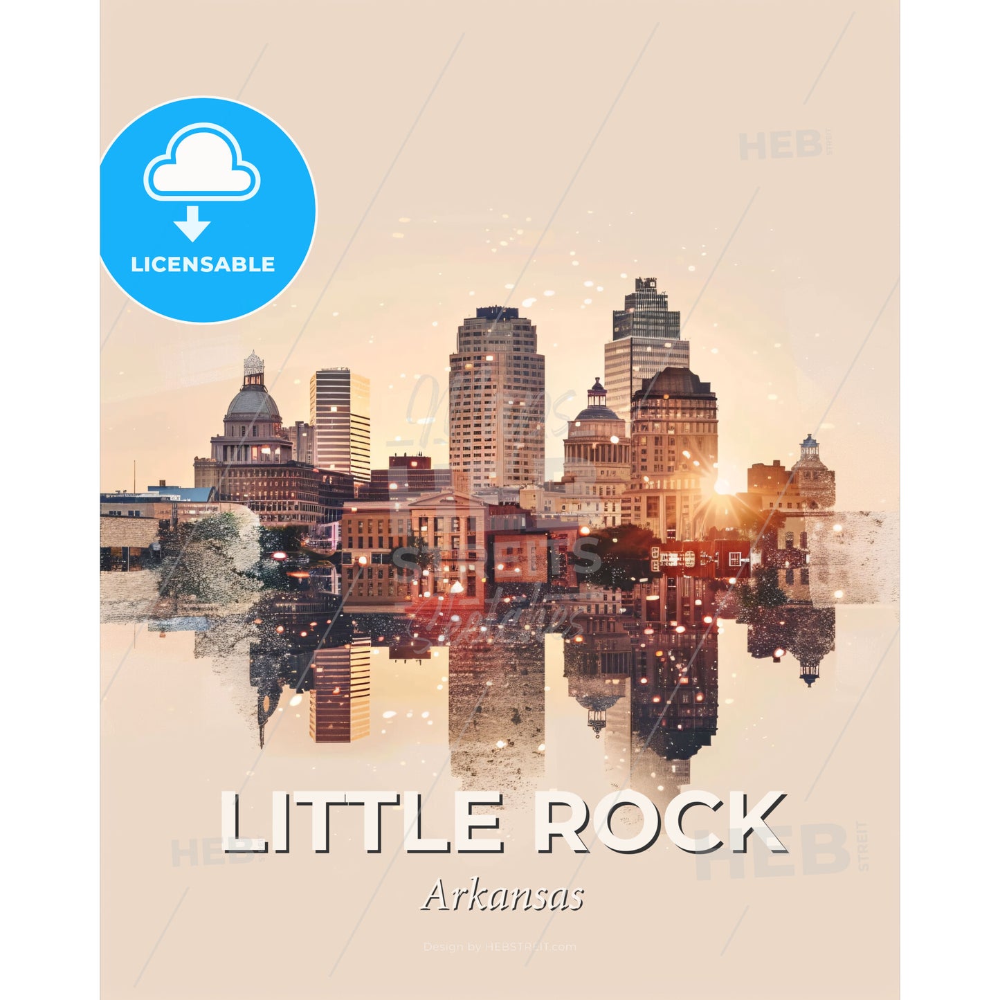 Little Rock City Skyline Poster Art with Sparkle - A city skyline with buildings reflecting in water - Square format print template