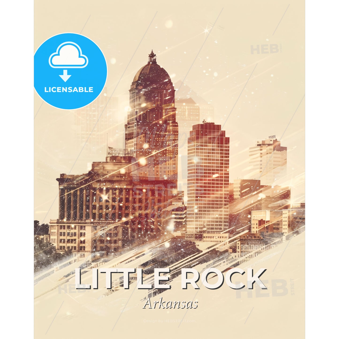 Little Rock Cityscape: Icons and Architecture on Beige - A city with snow falling - Square format print template