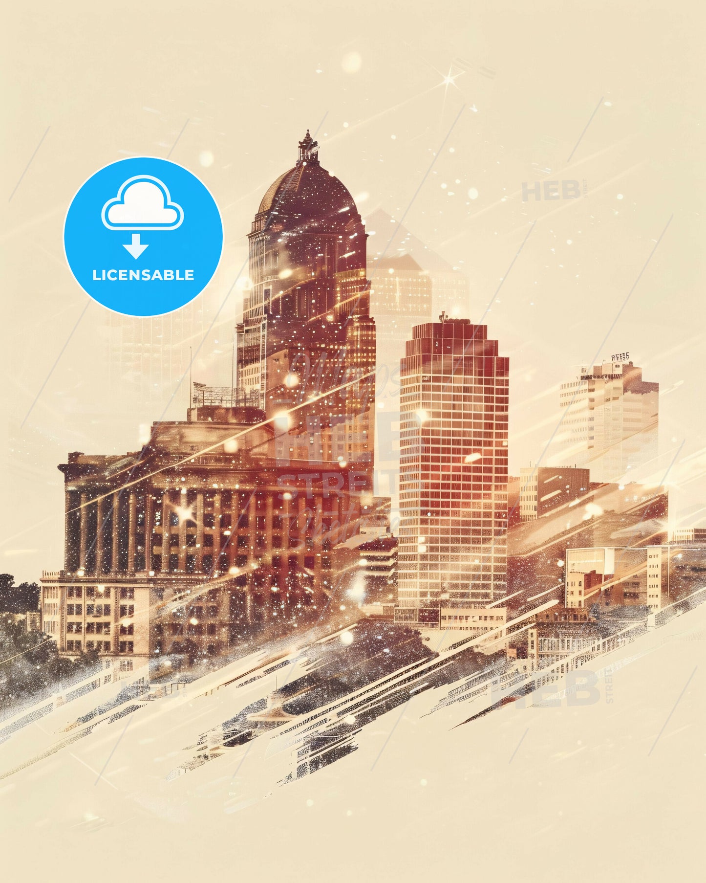 Little Rock Cityscape: Icons and Architecture on Beige - A city with snow falling