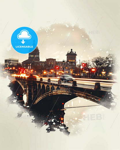 Little Rock Cityscape Double Exposure Poster Art - A bridge with cars on it and a building in the background