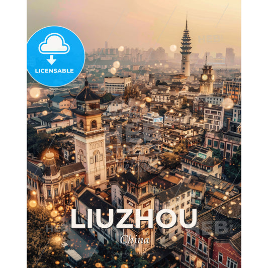 Liuzhou Skyline: Double Exposure Art Deco Poster - A city with many buildings and a tower - Square format print template