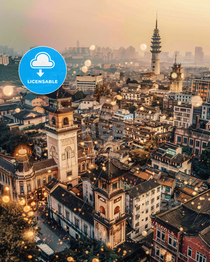 Liuzhou Skyline: Double Exposure Art Deco Poster - A city with many buildings and a tower