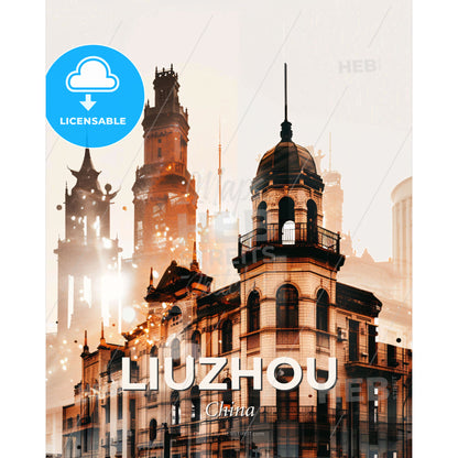 Liuzhou: Day and Night Skyline Art - A double exposure of a building - Square format print template