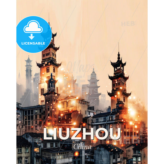 Liuzhou China Skyline Art Deco Poster - A city with tall buildings and a few lights - Square format print template