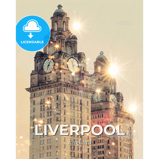 Liverpool: Double Exposure Cityscape Silhouette - A large building with clocks on top with Royal Liver Building in the background - Square format print template