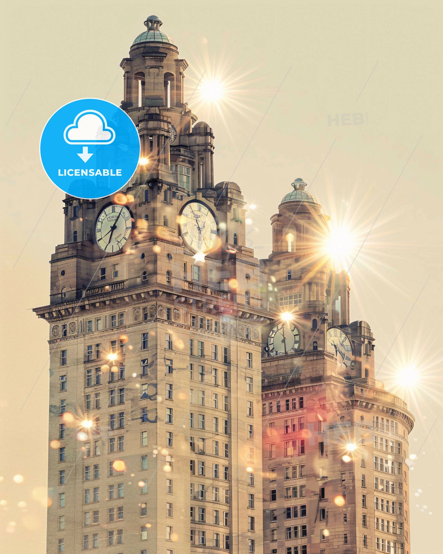 Liverpool: Double Exposure Cityscape Silhouette - A large building with clocks on top with Royal Liver Building in the background