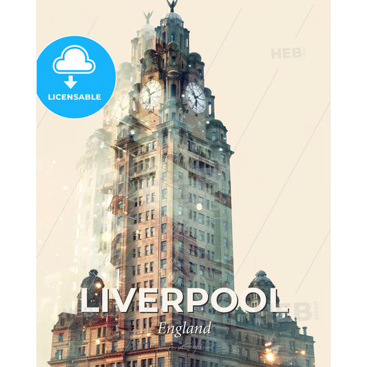 Liverpool Skyline Classic Architecture - A double exposure of a building with a clock on top - Square format print template