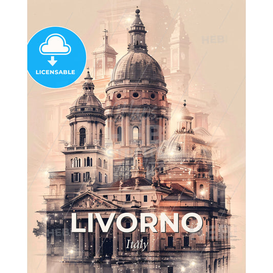 Livorno Skyline Icons Double Exposure Art Poster - A building with a dome and a building with a building in the background - Square format print template