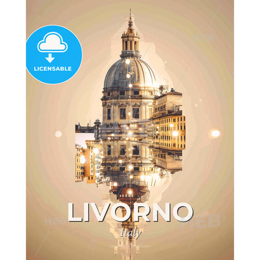 Livorno Italy Skyline Double Exposure Composite Art Poster - A building with a dome and a building with lights - Square format print template