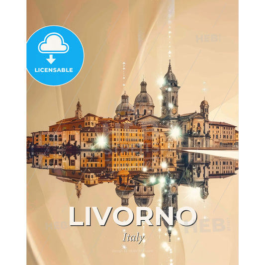 Livorno Skyline Cityscape Double Exposure Poster - A city with buildings and lights reflecting in water - Square format print template