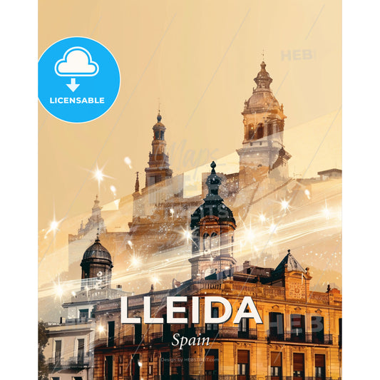 Lleida City Skyline Double Exposure Art Print - A building with towers and a star - Square format print template