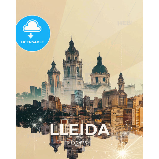 Lleida Skyline Double Exposure Composite Art - A city with a large building - Square format print template