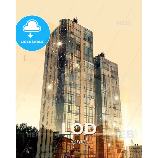 Lod, Israel: Skyline Art in Double Exposure - A tall building with many windows - Square format print template