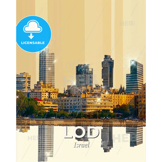 Lod, Israel Double Exposure Skyline Art Poster - A city skyline with buildings and trees - Square format print template