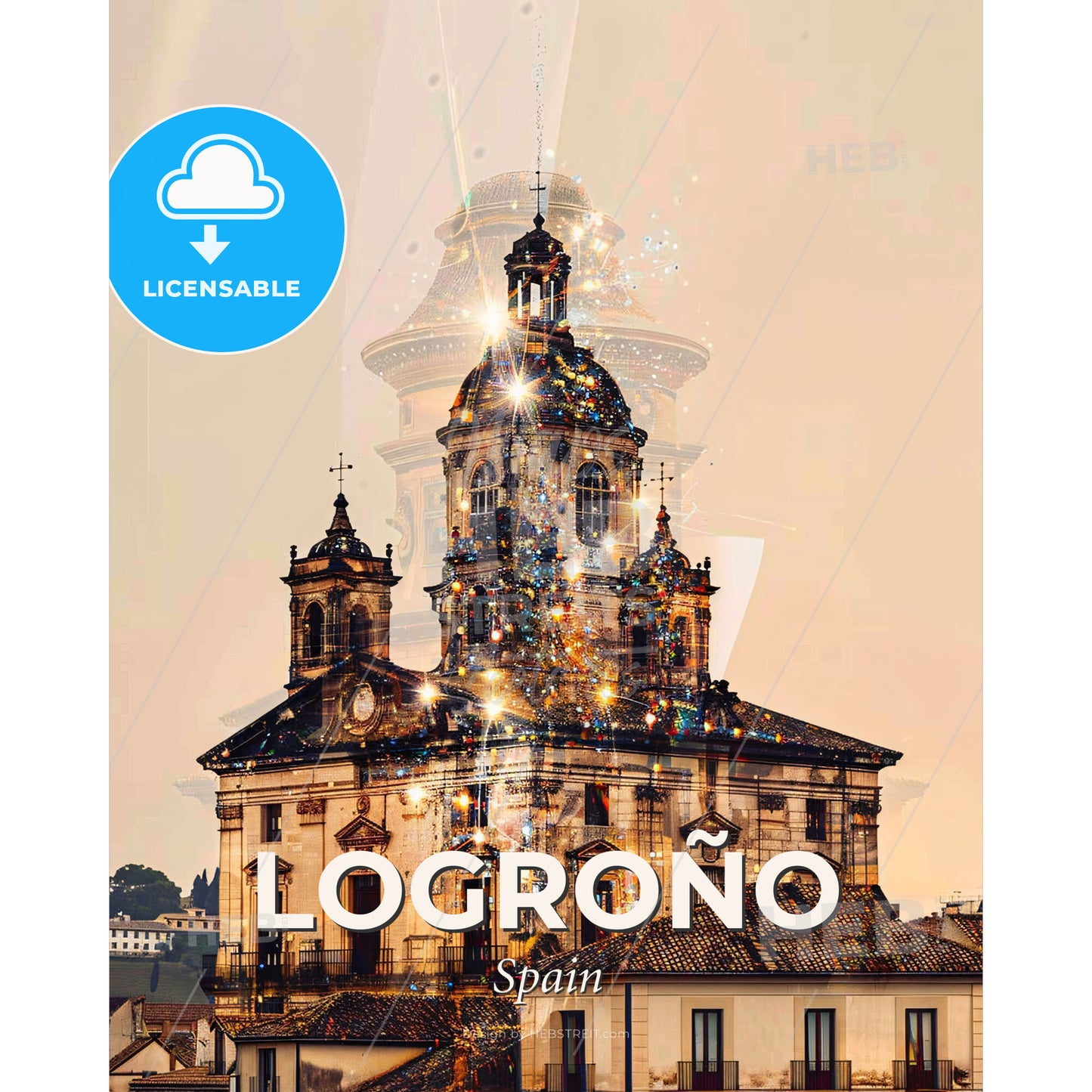 Logrono, Spain Double Exposure Artwork - A building with a tower - Square format print template
