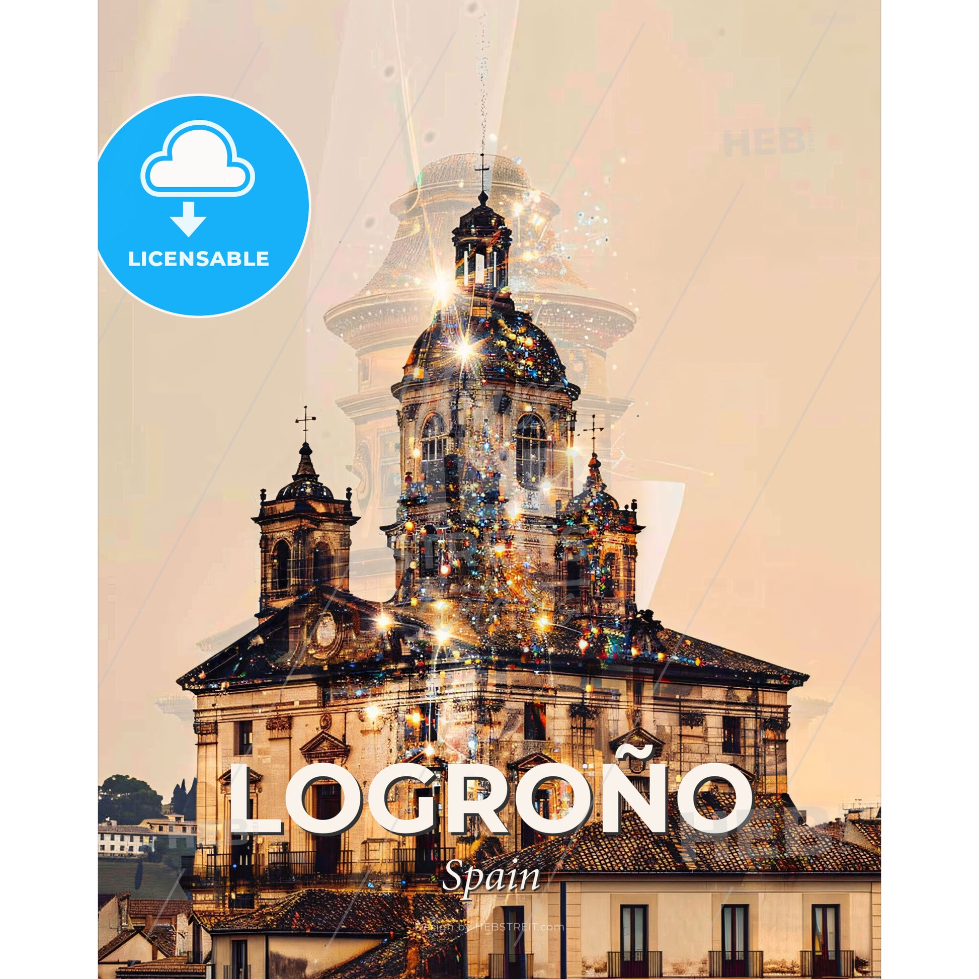Logrono, Spain Double Exposure Artwork - A building with a tower - Square format print template