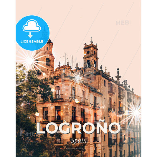 Logroño City Lights Skyline Poster Print - A building with many windows and a tree - Square format print template