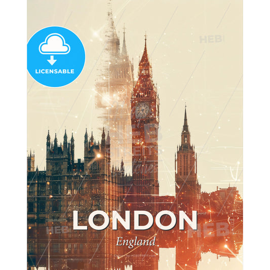 London City Iconic Architecture Composite Art Poster - A large clock tower in a city - Square format print template