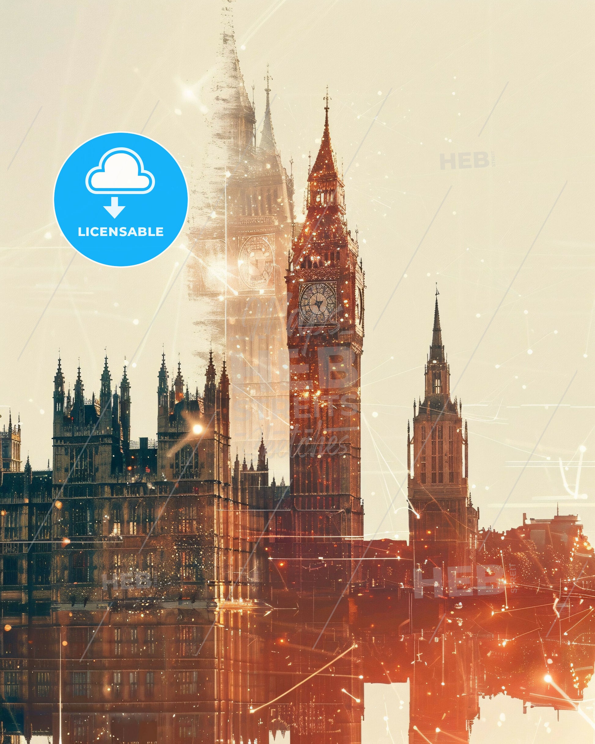 London City Iconic Architecture Composite Art Poster - A large clock tower in a city