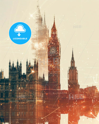 London City Iconic Architecture Composite Art Poster - A large clock tower in a city