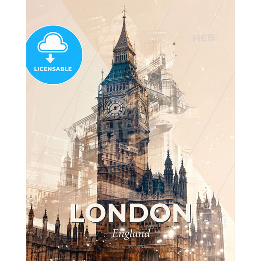 London Skyline Composite Art with Bright Beige Background - A clock tower with a tower in the background - Square format print template