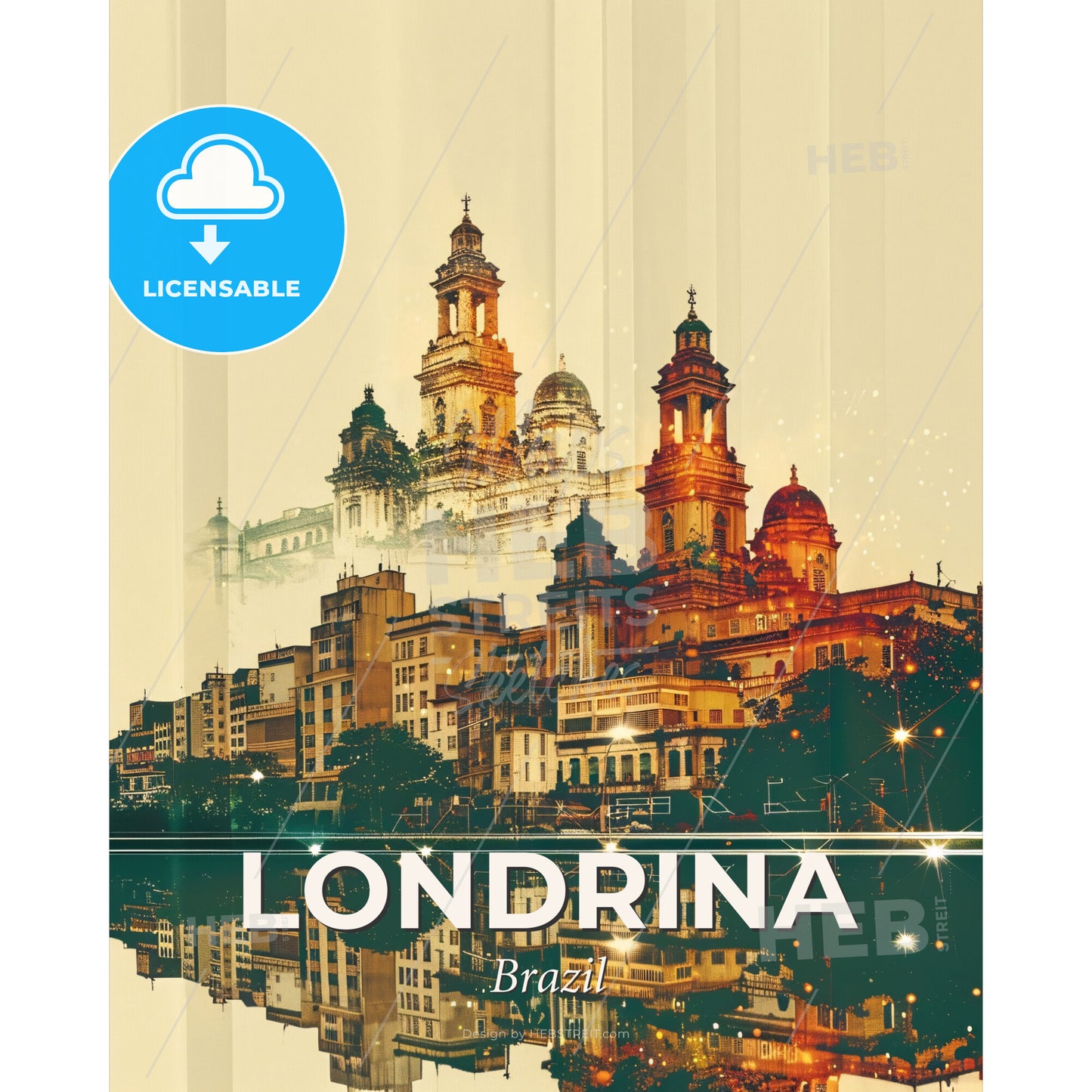 Londrina Skyline Art: Beige City Icons - A city with many towers and a reflection of the water - Square format print template