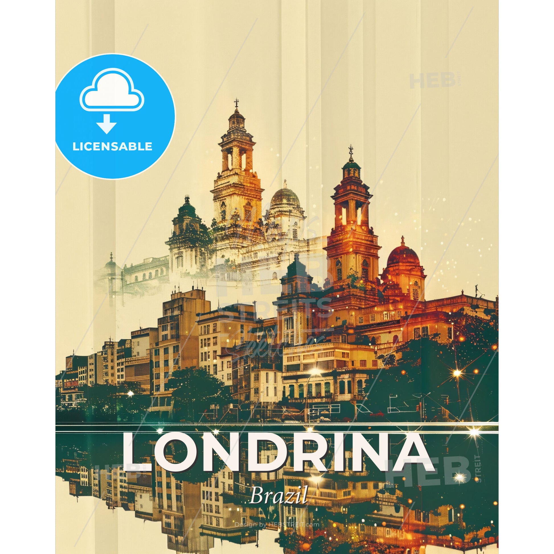 Londrina Skyline Art: Beige City Icons - A city with many towers and a reflection of the water - Square format print template