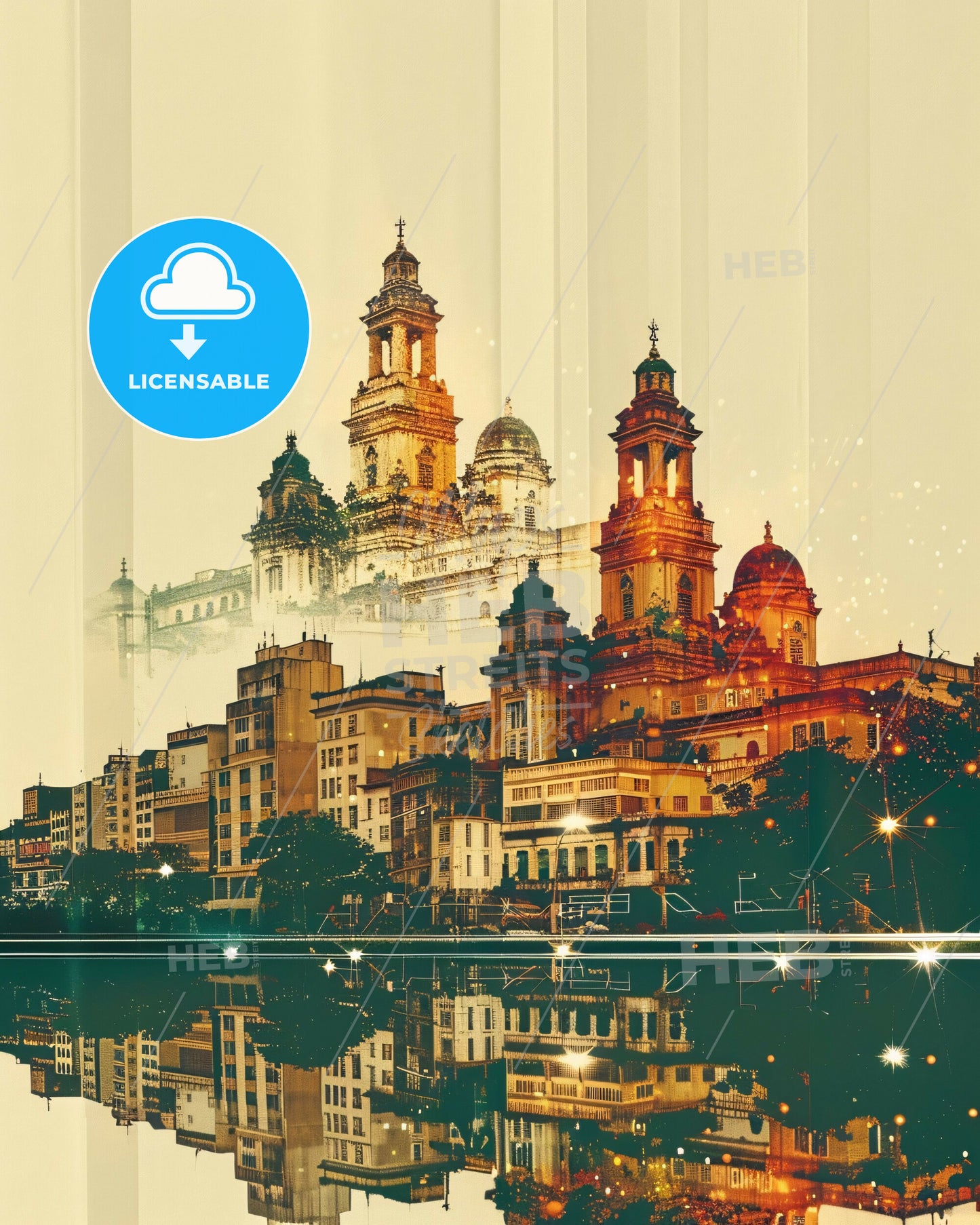 Londrina Skyline Art: Beige City Icons - A city with many towers and a reflection of the water