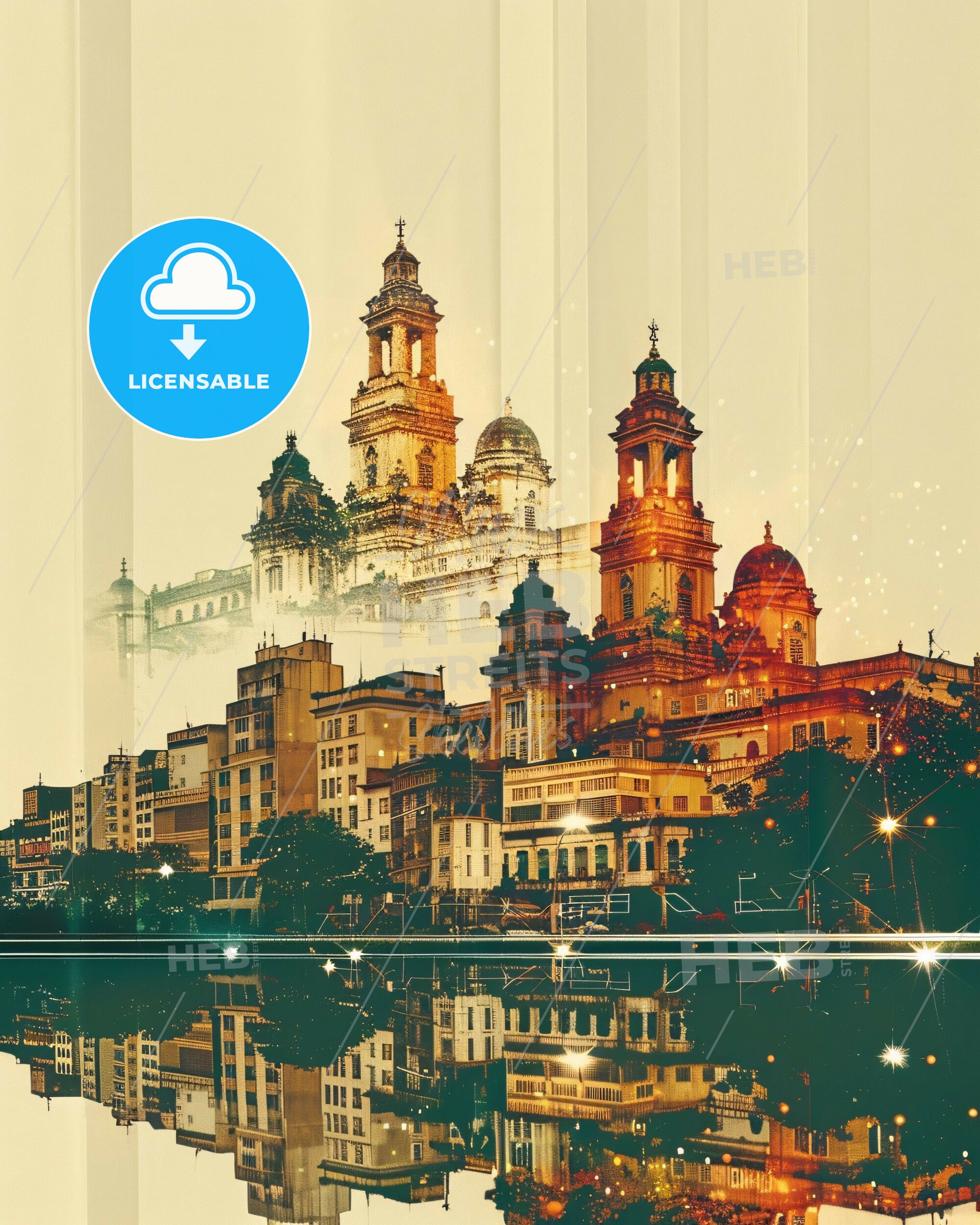 Londrina Skyline Art: Beige City Icons - A city with many towers and a reflection of the water