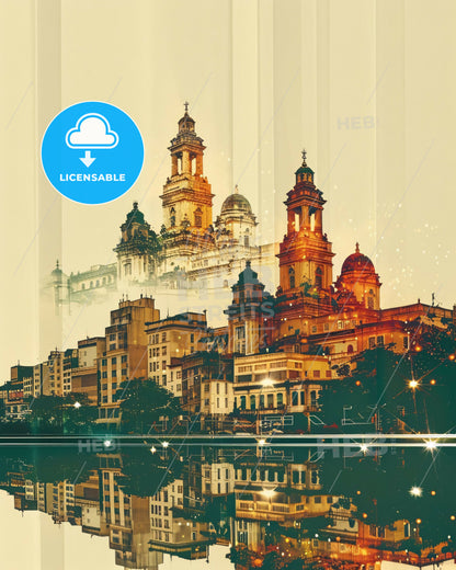 Londrina Skyline Art: Beige City Icons - A city with many towers and a reflection of the water