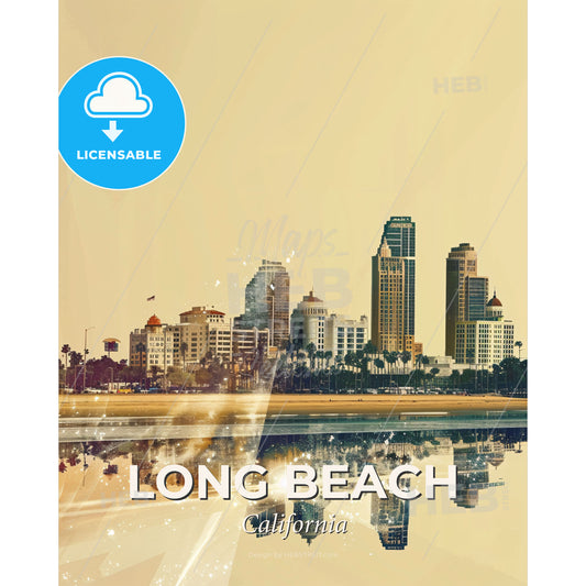 Long Beach Sunset Architecture Poster - A city skyline with palm trees and a body of water - Square format print template