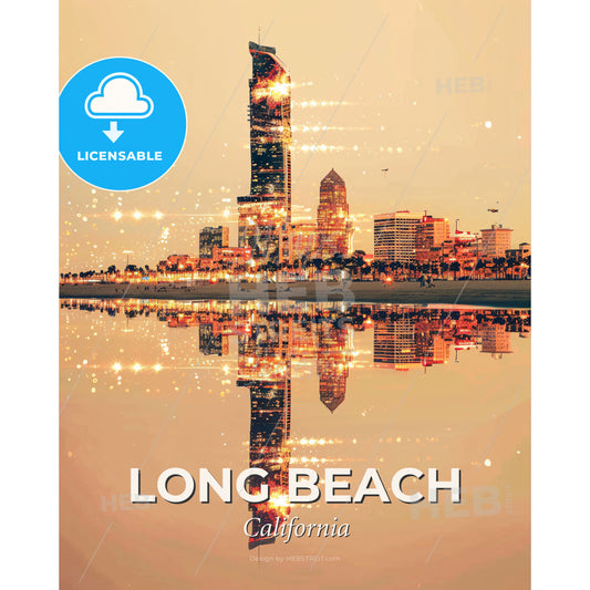 Long Beach - Double Exposure Cityscape Art - A city skyline with lights reflecting on water - Square format print template