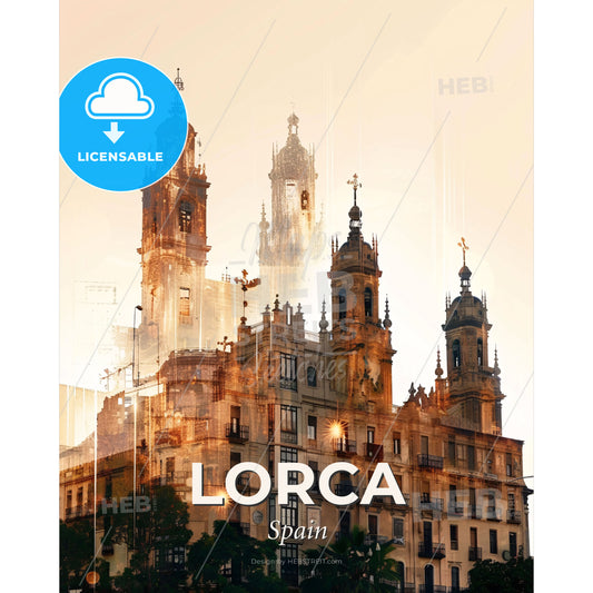 Lorca City Skyline Poster Art Composite Double Exposure - A building with towers and a street light - Square format print template