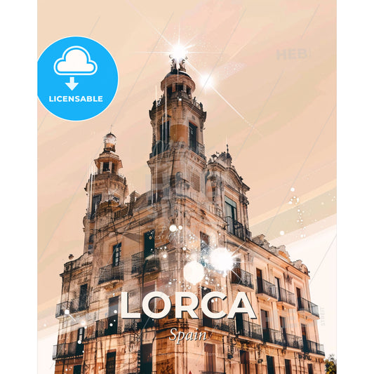 Lorca, Cityscape Wonders Under Starlight - A building with a tower and a balcony - Square format print template