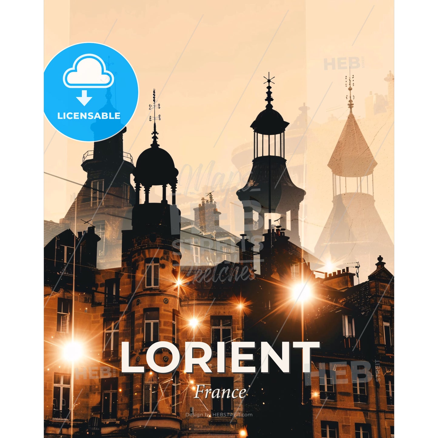 Lorient City Silhouette Skyline on Beige Paper - A building with a tower and a street light - Square format print template
