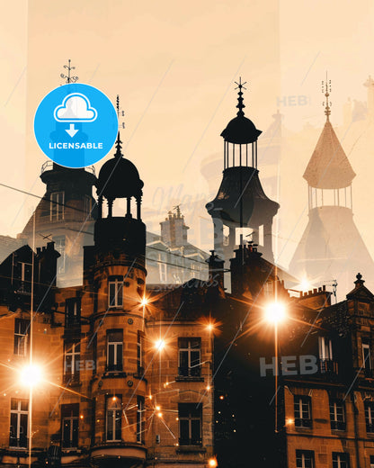 Lorient City Silhouette Skyline on Beige Paper - A building with a tower and a street light