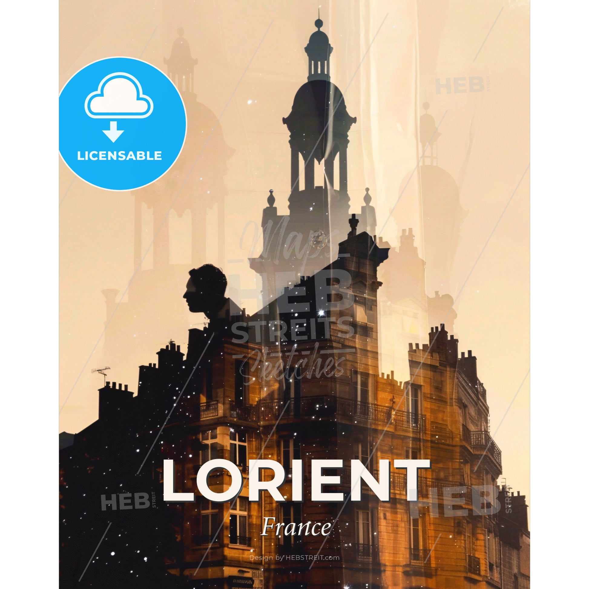 Lorient: Composite City Art Poster with Sparkles and Subtle Backlights - A double exposure of a building - Square format print template