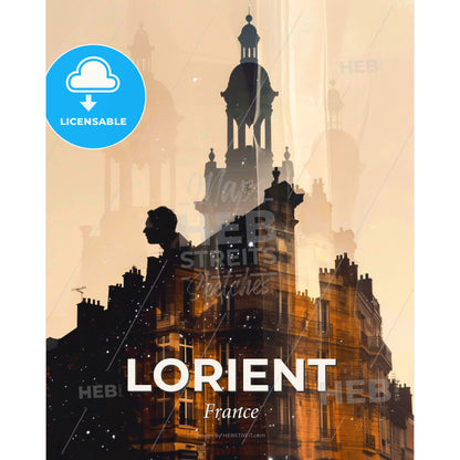 Lorient: Composite City Art Poster with Sparkles and Subtle Backlights - A double exposure of a building - Square format print template