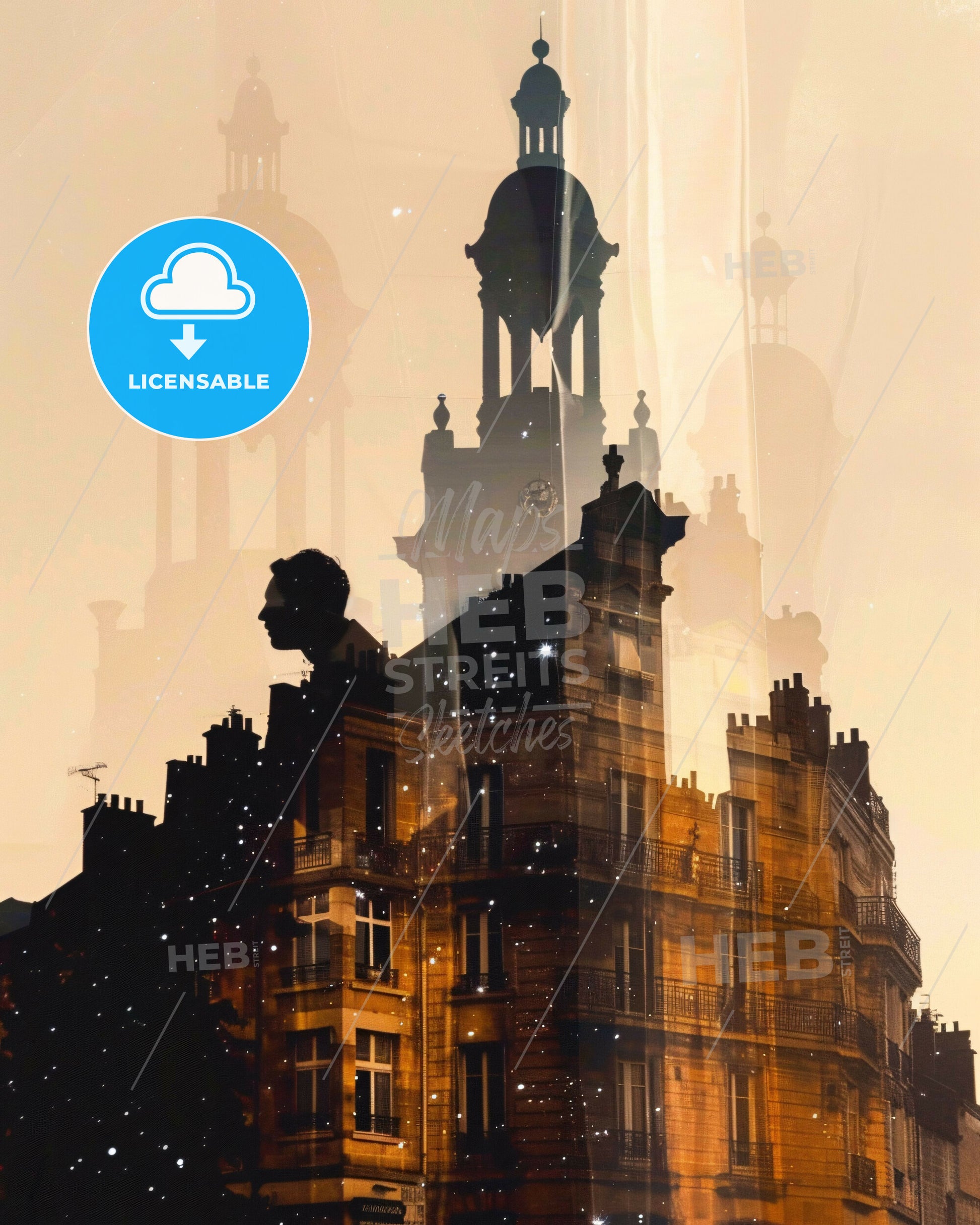 Lorient: Composite City Art Poster with Sparkles and Subtle Backlights - A double exposure of a building