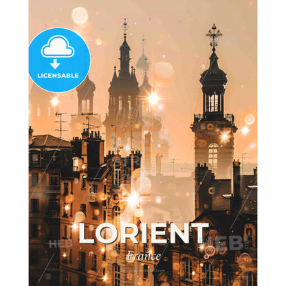 Lorient Horizon Silhouette Poster with Sparkling Lights - A city with many towers and buildings - Square format print template