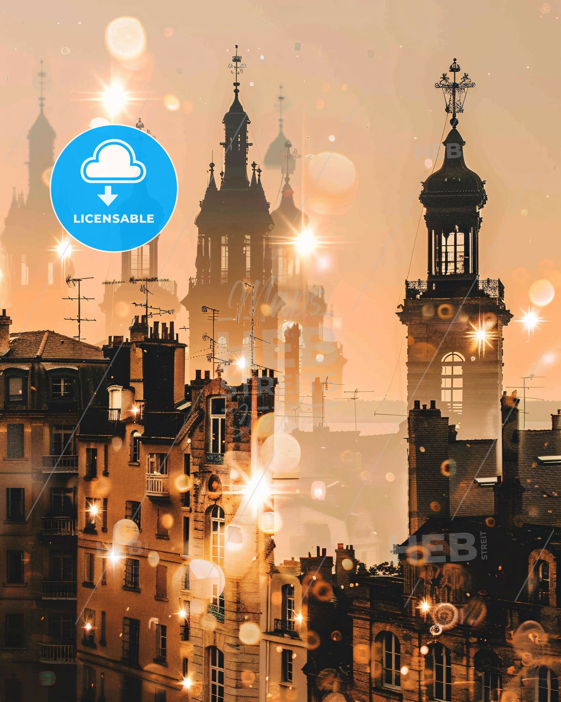 Lorient Horizon Silhouette Poster with Sparkling Lights - A city with many towers and buildings