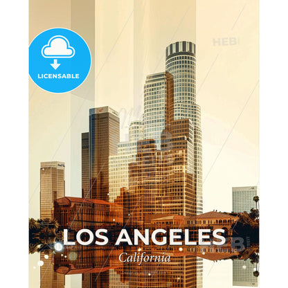 Los Angeles City Icons Double Exposure Poster - A city skyline with many tall buildings - Square format print template