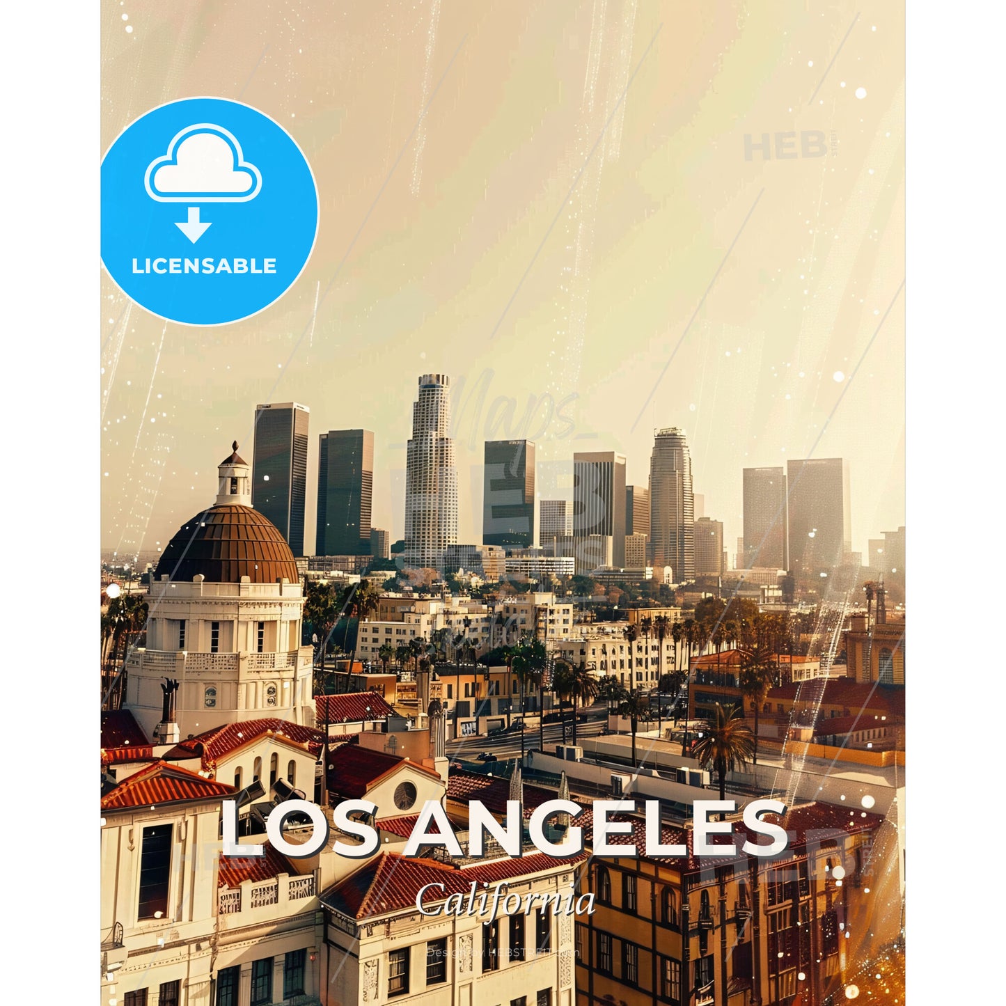 Los Angeles Double Exposure Cityscape Poster - A city with many buildings and a city skyline - Square format print template