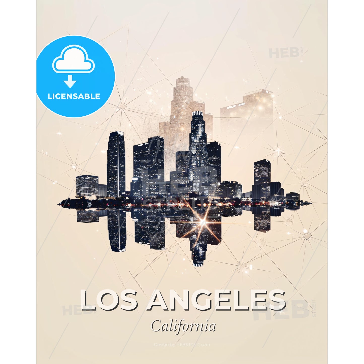 LA City Skyline: Iconic Architecture & Pastel Dreams - A city skyline with lights reflecting in water - Square format print template