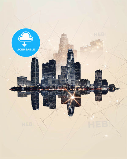 LA City Skyline: Iconic Architecture & Pastel Dreams - A city skyline with lights reflecting in water