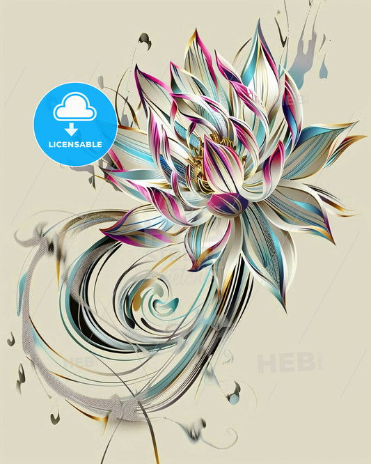Serene Lotus in Bold Lines on Beige - A colorful flower with leaves