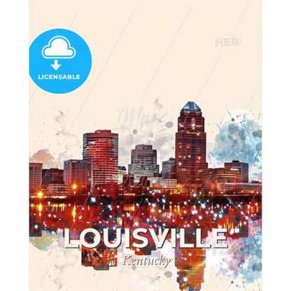 Louisville Skyline Double Exposure Art Poster - A city skyline with lights reflecting in water - Square format print template