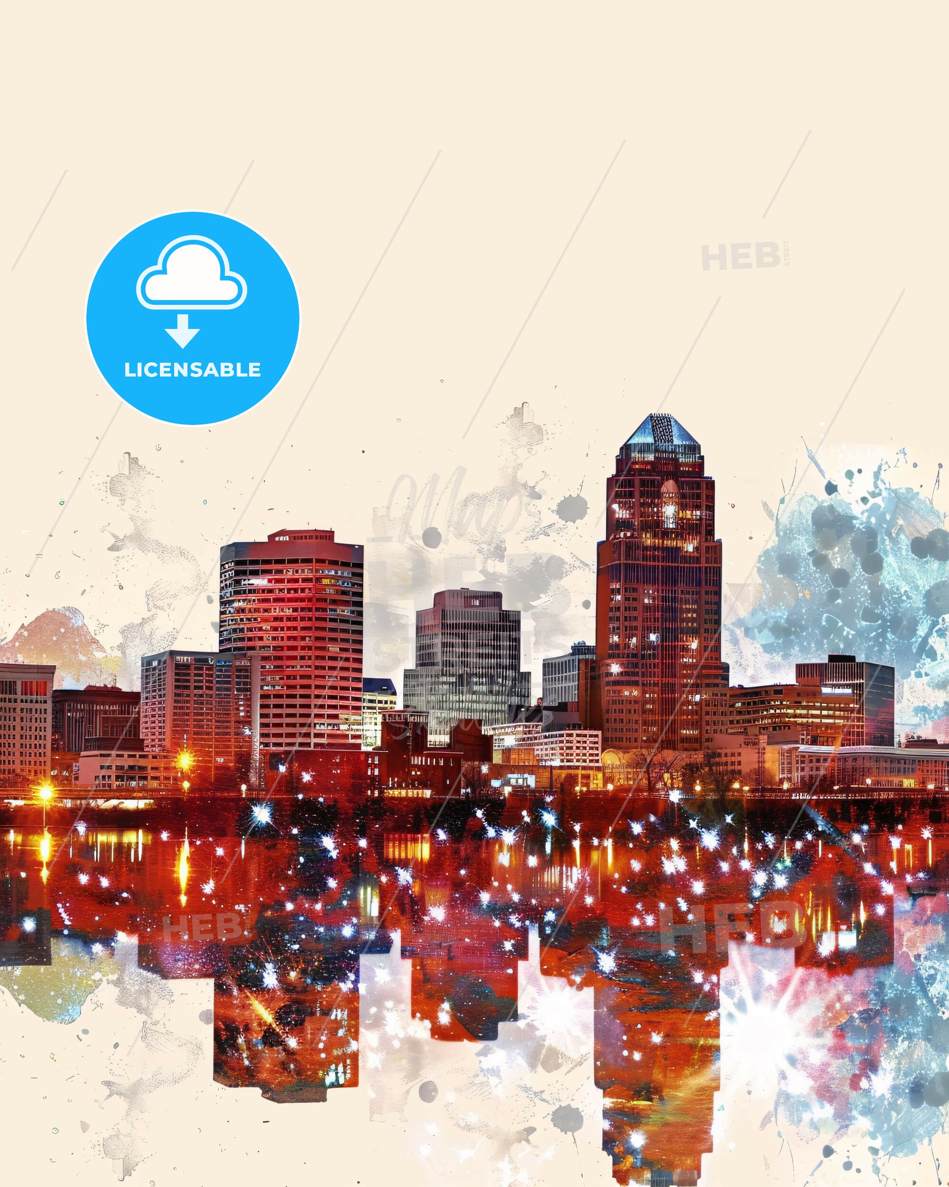 Louisville Skyline Double Exposure Art Poster - A city skyline with lights reflecting in water